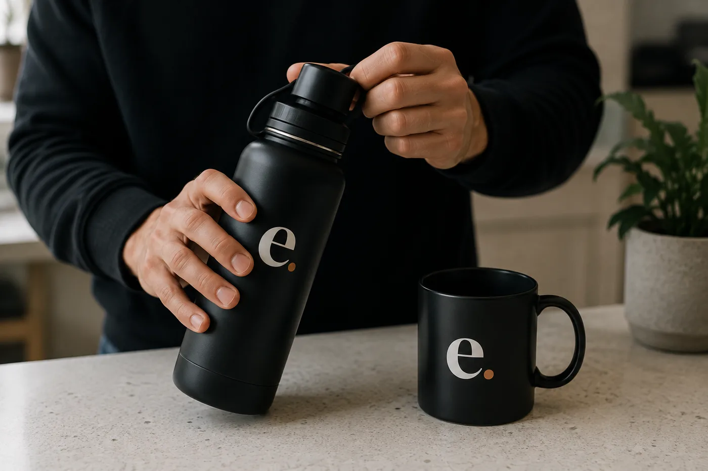 Hands opening an Ethos-branded water bottle beside an Ethos-branded mug on a kitchen counter.