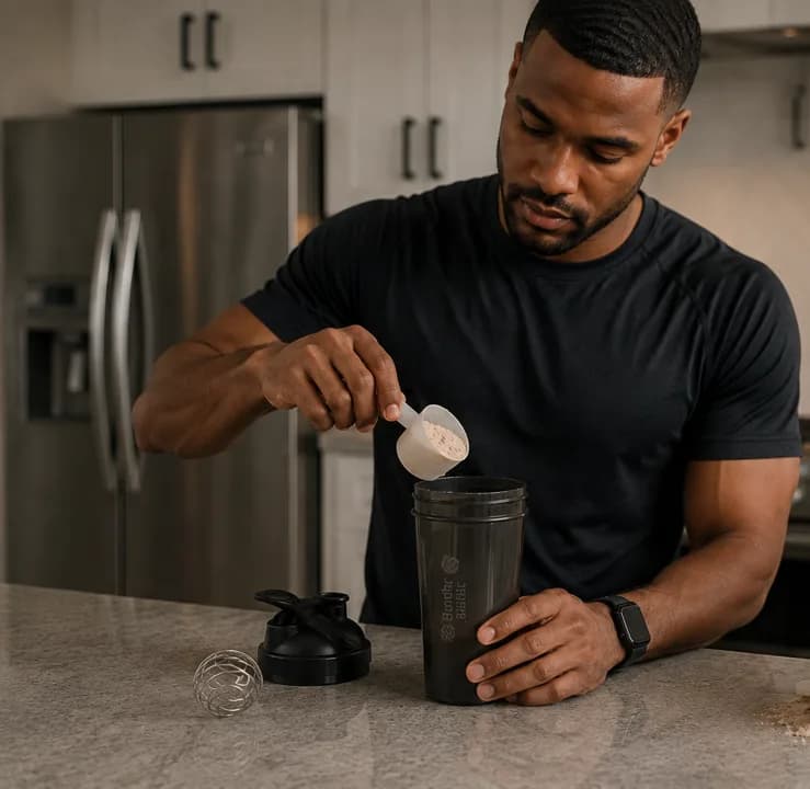A man spooning protein powder into a shaker bottle in a kitchen.
